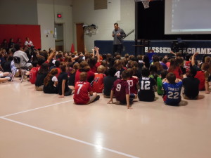 Washington Nationals pitcher Craig Stammen speaks about his Catholic faith to students from Blessed Sacrament Elementary School in Alexandria, Va.